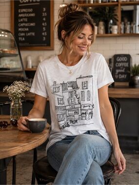 Old Navy White Short Sleeve Tee Black Café Sketch Size Large Casual Lounge